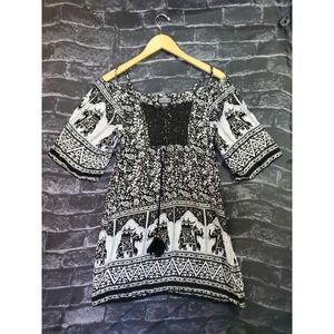 Angie Boho Shift Dress Black Elephant Print Off Shoulder Crochet Womens Medium